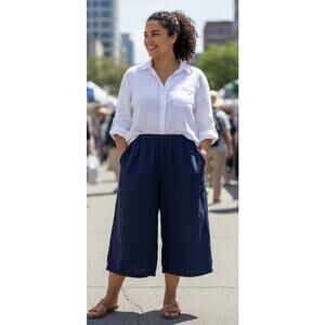 Flax crop 100% linen wide leg pants navy blue size 3G/3XL